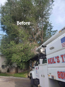 Neil's Tree Service bucket truck on-site before a large removal in West Jordan